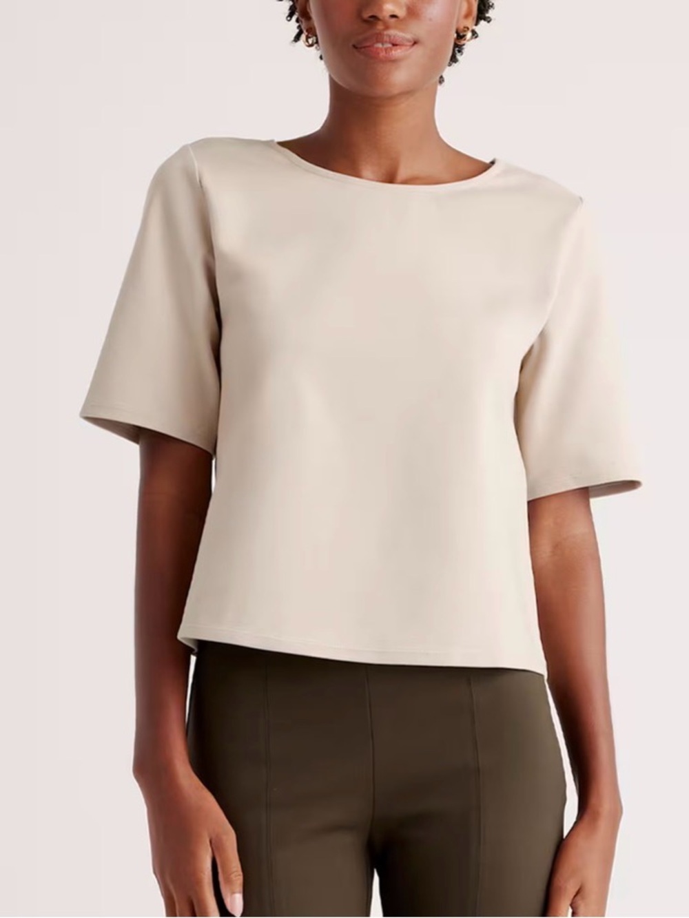 New Quince ponte ultra stretch Short-Sleeve Crewneck Top in Light Beige